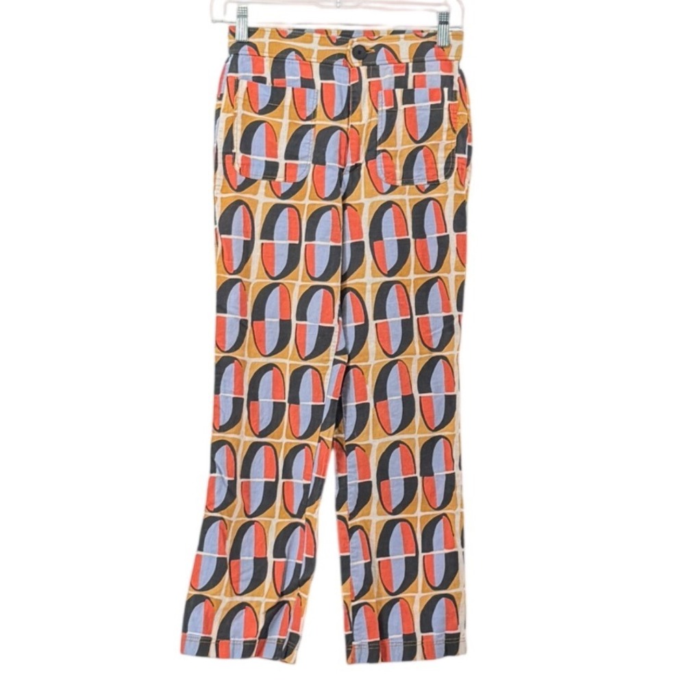 Zara Womens XS Pants Geometric Retro Linen Blend Straight Leg 70s Vacation Boho